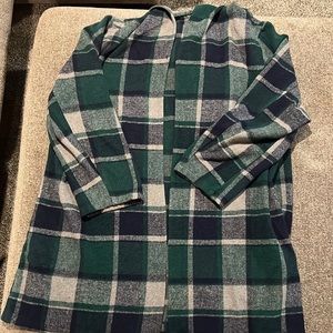 SHEIN 4XL (equates to 3XL) open front coat & hood. 35.5 in long. Green blue gray